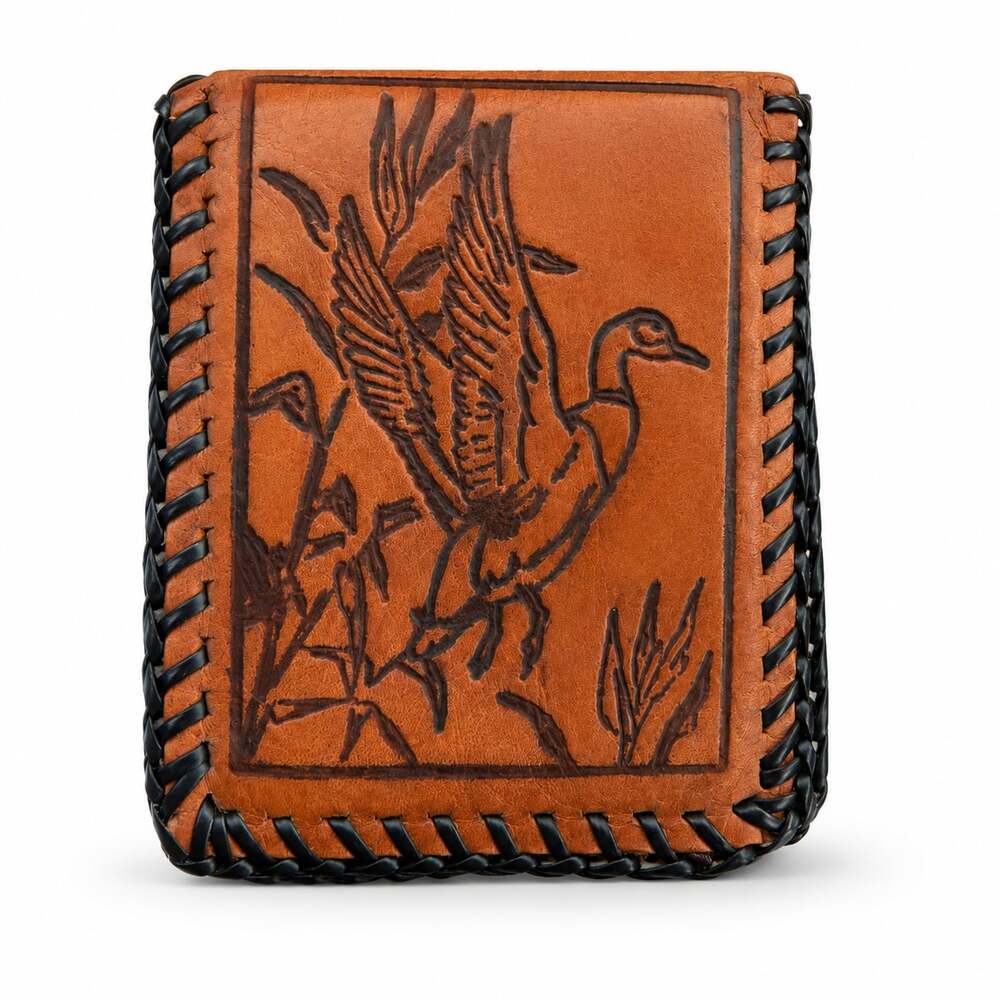Vintage Hand-Tooled Leather Bifold Wallet with Duck Hunting Motif and Laced Edge